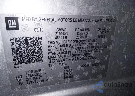 2019 Chevrolet Equinox Lt z USA, uszkodzony, nr VIN 3GNAXTEV1KS627766